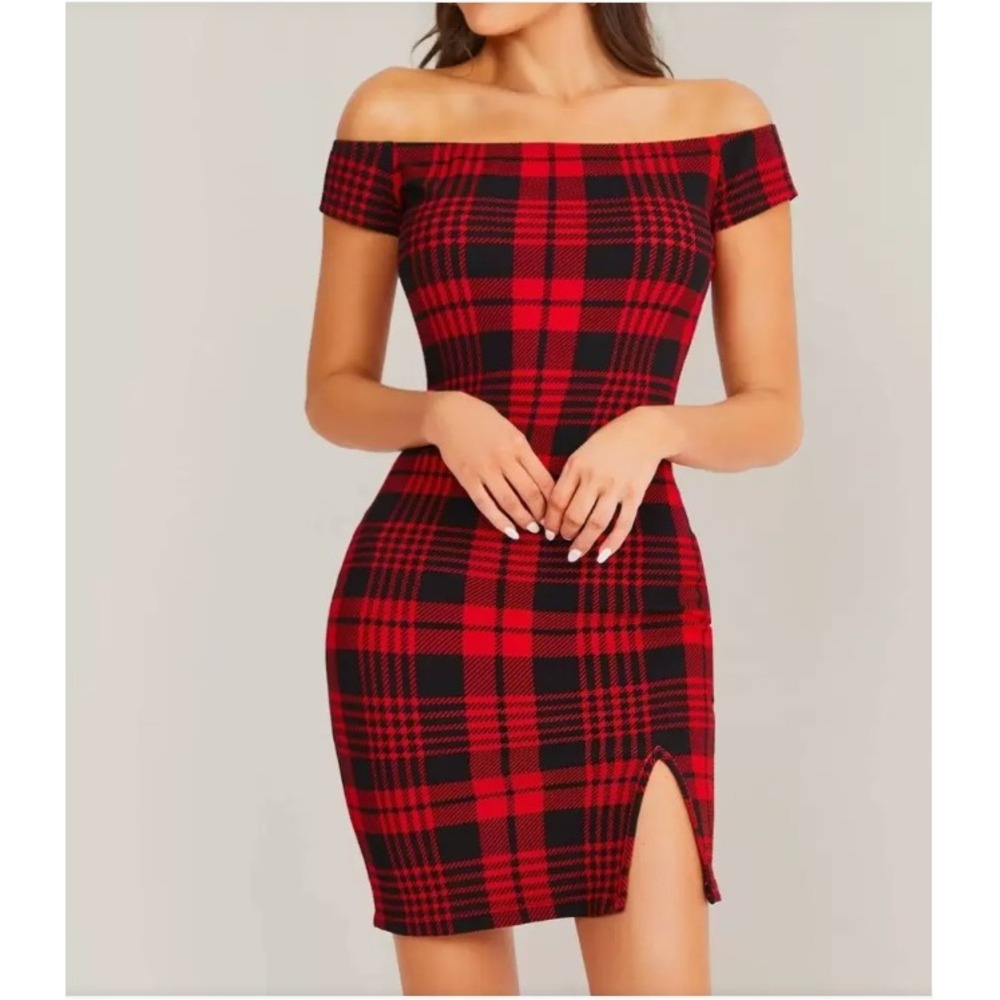 SHEIN Plaid Off Shoulder Mini Dress Womens Small Red Black Bodycon Slit Grunge